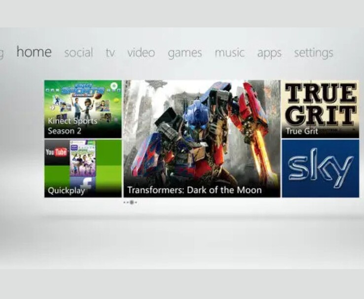 Uno screenshot della dashboard di Xbox 360 che mostra il layout dell'interfaccia Metro, con le piastrelle pubblicitarie di Transformers: Dark of the Moon, True Grit e Sky. Altri riquadri evidenziano Kinect Sports Season 2 e le applicazioni Quickplay di YouTube/Facebook. (Fonte immagine: Microsoft (screenshot dell'interfaccia Xbox 360 tramite media promozionali)