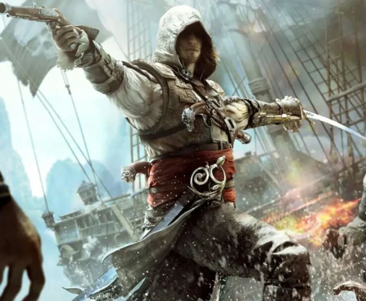 Edward Kenway in Assassin's Creed IV: Black Flag brandisce una spada e una pistola durante il combattimento navale (Fonte: Ubisoft)