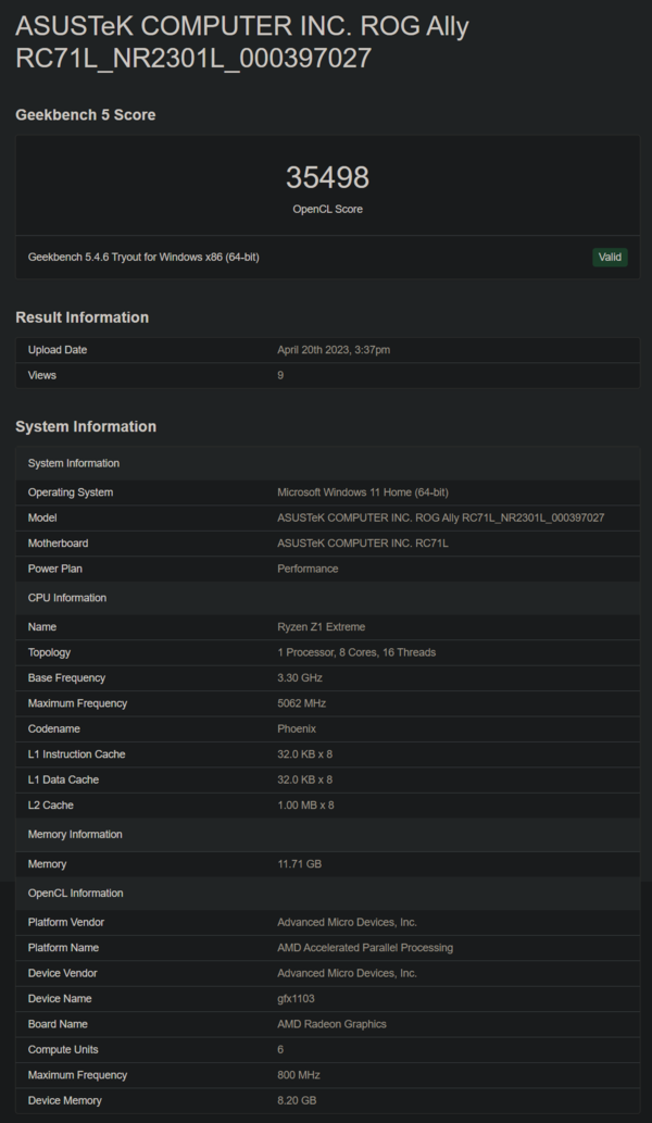 Asus ROG Ally su Geekbench (immagine via Geekbench)