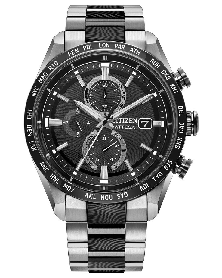 I punti salienti del quadrante sono gli indici applicati, i tripli contatori e le indicazioni del fuso orario globale intorno alla lunetta.