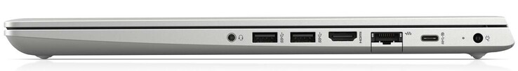 A destra: jack da 3.5 mm, 2x USB 3.1 Gen1 Type-A, HDMI, Gigabit LAN, 1x USB 3.1 Gen1 Type-C, power LED, connettore di alimentazione proprietarioconnector