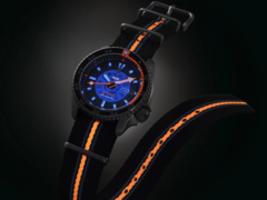 L&#039;orologio Seiko 5 Sports x Bamford Limited Edition (nella foto) ha un quadrante verde acqua accentuato da audaci elementi arancioni, blu e bianchi sia sul quadrante che sul cinturino in nylon. (Fonte: Seiko)