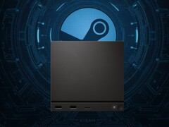 Valve Steam Machine vista di fronte al logo Steam
