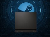Valve Steam Machine vista di fronte al logo Steam