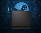 Valve Steam Machine vista di fronte al logo Steam