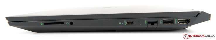 A destra: Lettore di schede SD, jack combinato cuffie/microfono da 3,5 mm, una porta USB Type-C (5 Gbit/s; DisplayPort 1.4 su USB), porta Gigabit RJ-45, una porta USB 3.1 Gen. 1, uscita HDMI 2.0
