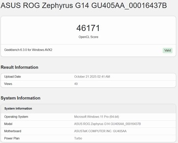 Punteggio OpenCL dell'iGPU Intel Panther Lake su Geekbench (punteggio peggiore). (Fonte immagine: Geekbench)