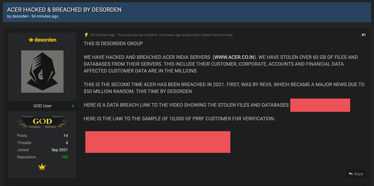 Il gruppo Desorden che rivendica la responsabilità dell'hacking dei server di Acer India. (Fonte: Privacy Affairs)