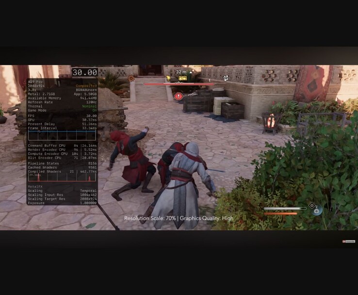 Il gameplay di Assassin's Creed Mirage in esecuzione su iPhone 17 Pro Max con chip A19 Pro, con un limite di 30 FPS, preset grafico alto e upscaling temporale MetalFX. (MrMacRight via YouTube)