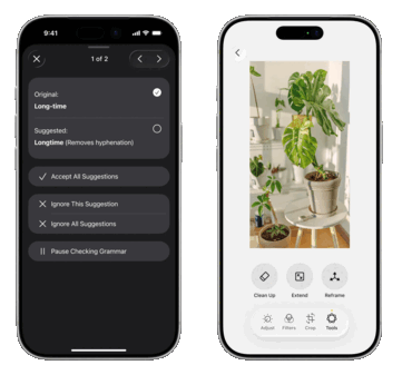 Un controllore di grammatica (a sinistra) potrebbe essere una delle nuove funzioni di scrittura alimentate dall'AI che Apple ha in programma, mentre l'app Photos è destinata a diventare più competitiva con opzioni di editing alimentate dall'AI.