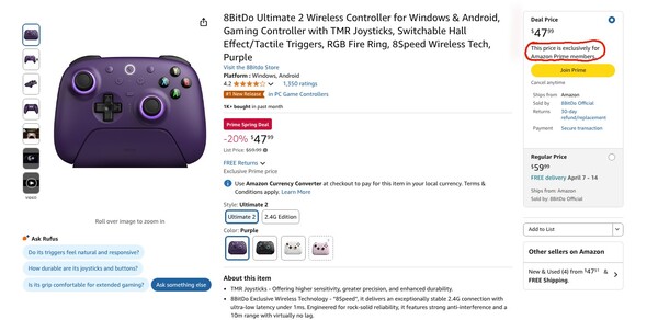 L'offerta sul controller wireless 8BitDo Ultimate 2 è un'esclusiva per i membri di Amazon Prime. (Fonte: Amazon)