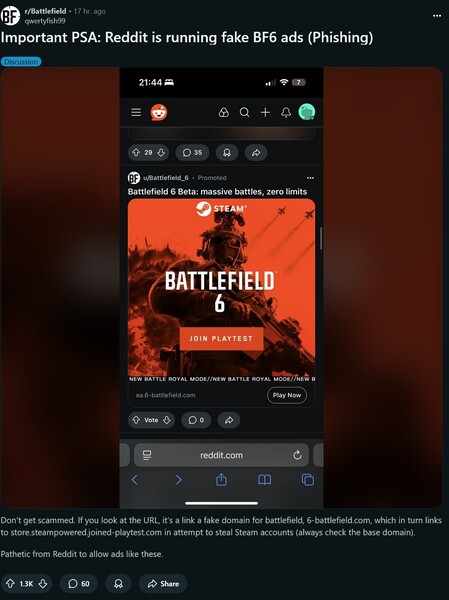 Viene mostrata la truffa pubblicitaria di Battlefield 6 su Reddit (Fonte immagine: screenshot, Battlefield subreddit)