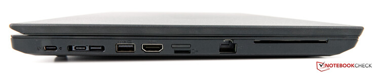 Lato Sinistro: USB Type-C Gen2, connettore side-dock (USB Type-C Gen1 & networking), USB 3.1 Type-A, HDMI 1.4b, slot schede nano-SIM, lettore schede microSD, RJ45 LAN, lettore Smart Card