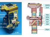 Fotografia e profilo trasversale di Miniscope extra Large FOV (MiniXL). Fonte dell'immagine: UCLA via Science Advances; ritagliata