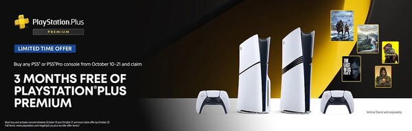 Gli acquirenti che acquistano e attivano una PS5 Pro o una PS5 tra oggi e il 21 ottobre riceveranno 3 mesi di PlayStation Plus Premium. (Fonte: PlayStation)