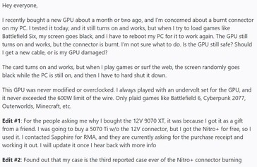 Guasto del connettore Sapphire Nitro RX 9070 XT 12VHPWR. (Fonte immagine: r/pcmasterrace su Reddit)