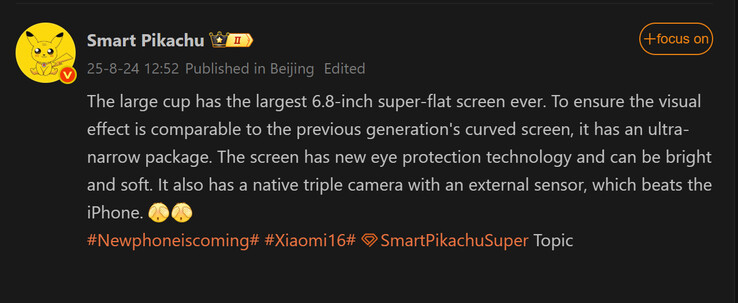 Il rapporto di Smart Pikachu sullo Xiaomi 16 Pro (Fonte immagine: Weibo - traduzione automatica)
