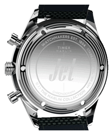 Vista posteriore del Timex Marlin Jet Chronograph che mostra il fondello in acciaio inossidabile
