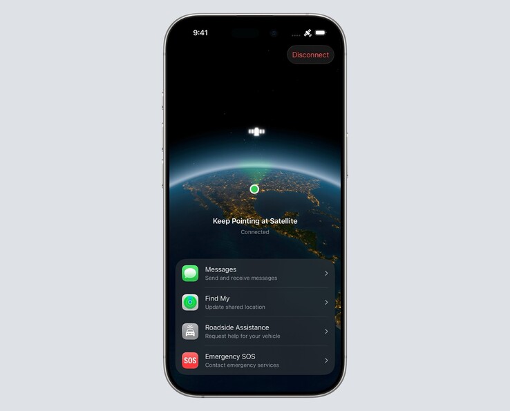 Al momento, l'iPhone può solo inviare messaggi di testo, la posizione attuale ed effettuare chiamate di emergenza via satellite (Fonte immagine: Apple)