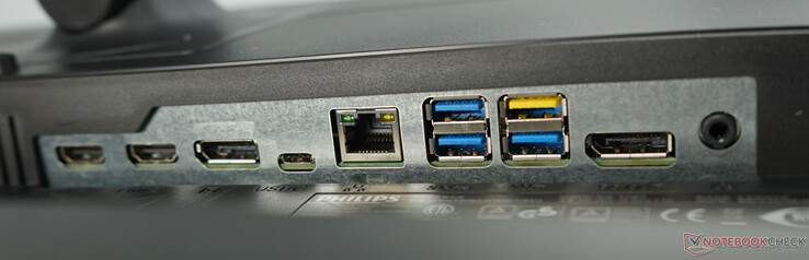 HDMI 2.0, HDMI 2.0, DisplayPort 1.3, USB-C, LAN, 4x USB (1x powered), DisplayPort out (clonata), uscita audio