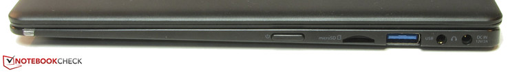 Lato destro: pulsante di accensione, lettore di schede MicroSD, USB 3.1 Gen 1 Type-A, jack da 3,5 mm, connettore di alimentazione