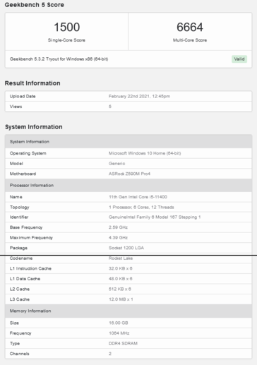 Intel Core i5-11400 esecuzione Geekbench (immagine tramite Geekbench)