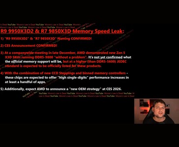 Diapositiva dal video Moore's Law Is Dead che riassume le fughe di notizie sulle CPU AMD Zen 5 X3D, compresi i test sulla memoria DDR5-9800 e i piani del CES 2026 (Fonte: Moore's Law Is Dead / YouTube)
