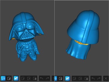 Modello 3D scansionato con laser blu a linee parallele di una figura di Darth Vader prevalentemente nera