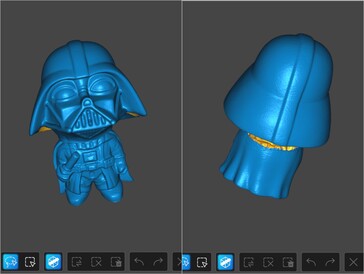 Modello 3D scansionato con laser blu a linee parallele di una figura di Darth Vader prevalentemente nera