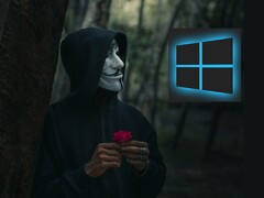 Una persona che indossa una maschera di Guy Fawkes guardando un logo di Windows (Fonte immagine: Peakpx e Ahmed Zayan via Unsplash; modificato)
