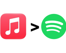 Apple Il logo della musica, un simbolo "più grande di" e il logo di Spotify.
