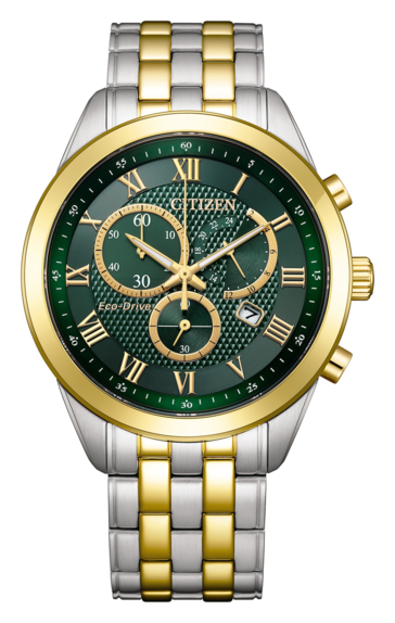 Cronografo Citizen AT2604-56X Eco-Drive con quadrante verde smeraldo a texture, lunetta dorata e numeri romani, nonché bracciale bicolore in acciaio inossidabile.
