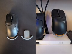 Il primo prototipo e il supporto finale stampati in 3D con il supporto per il mouse completato e in posizione