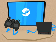 VKD3D-Proton, un componente di SteamOS e Steam Play, ora supporta AMD FSR 4. Un&#039;immagine promozionale della Steam Machine con un controller e una TV. (Fonte immagine: Valve)