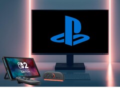 Switch 2 accanto al monitor del PC con il logo PlayStation (Fonte: Nintendo of America, Sony PlayStation con modifiche)
