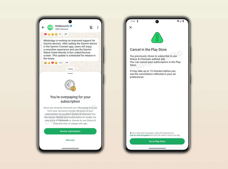 Gli screenshot di WABetaInfo mostrano un prezzo di abbonamento di 4 euro al mese (fonte: WABetaInfo)