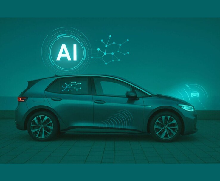 Illustrazione di un veicolo software-defined abilitato all'AI che mette in evidenza i sistemi di infotainment e di assistenza alla guida connessi (Fonte: Gruppo Volkswagen)