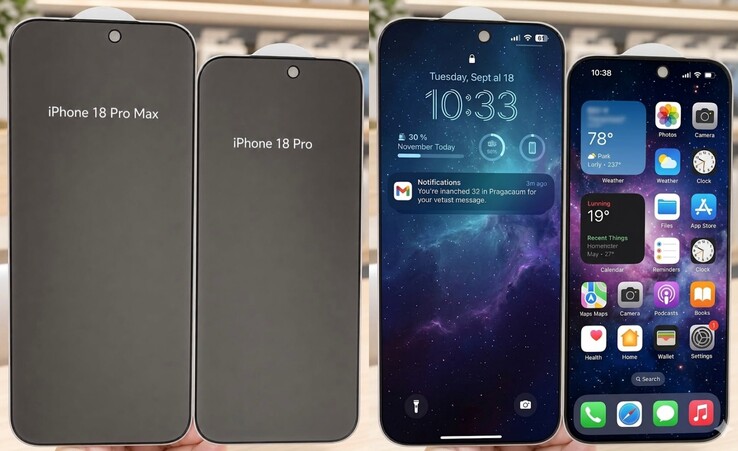 Le protezioni dello schermo trapelate della serie iPhone 18 Pro (a sinistra) sembrano più alte rispetto alle loro controparti della serie iPhone 17 Pro. La fuga di notizie/rumor su un rapporto di aspetto del display più alto non è stata ancora confermata da altre fonti.