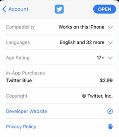 Twitter Blue, un livello a pagamento di Twitter, potrebbe essere in arrivo. (Immagine via Jane Manchun Wong su Twitter)
