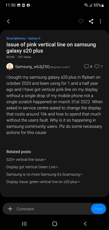 Utenti che si lamentano dei problemi di visualizzazione di Galaxy S20 Plus su Samsung Members (immagine via own)