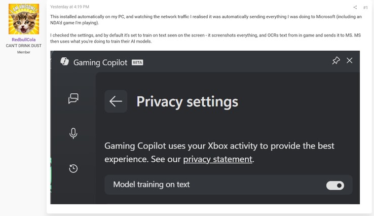 Preoccupazioni sulla privacy di Gaming Copilot (Fonte immagine: screenshot, forum RedbullCola@ResetEra)