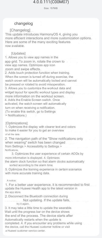 Il changelog dell'aggiornamento versione 4.0.0.111(C00M07) per Huawei Watch GT 3 Pro. (Fonte immagine: Huawei.blog/Google Translate)