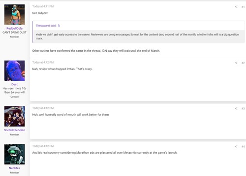 Post del forum ResetEra sul ritardo della revisione di Marathon