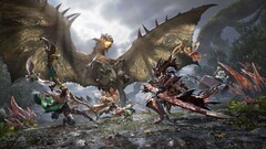 I cacciatori affrontano un wyvern alato in combattimento cooperativo in Monster Hunter Outlanders. 
