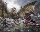 I cacciatori affrontano un wyvern alato in combattimento cooperativo in Monster Hunter Outlanders. 