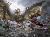 I cacciatori affrontano un wyvern alato in combattimento cooperativo in Monster Hunter Outlanders. 