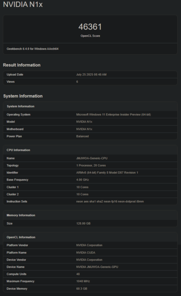 Prestazioni della GPU Nvidia N1X Geekbench (fonte: Geekbench)