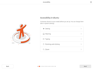 Le nuove opzioni di accessibilità nel programma di installazione basato su Flutter di Ubuntu 24.04 (Immagine: Canonical).