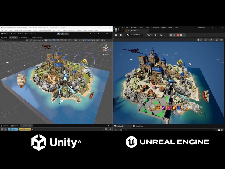 La demo mette a confronto il progetto Fantasy Kingdom in esecuzione nell’editor di Unity con la versione renderizzata da Unreal Engine.