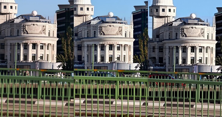 confronto tra i ritagli dello zoom 10x: A sinistra: Oppo con obiettivo esterno. Al centro: Vivo senza obiettivo esterno. A destra: Oppo senza obiettivo esterno.